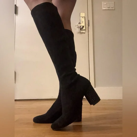 Black Suede Jewel Badgley Mischka Evalina Rhinestone Heel Boots Size 5 - Picture 7 of 7